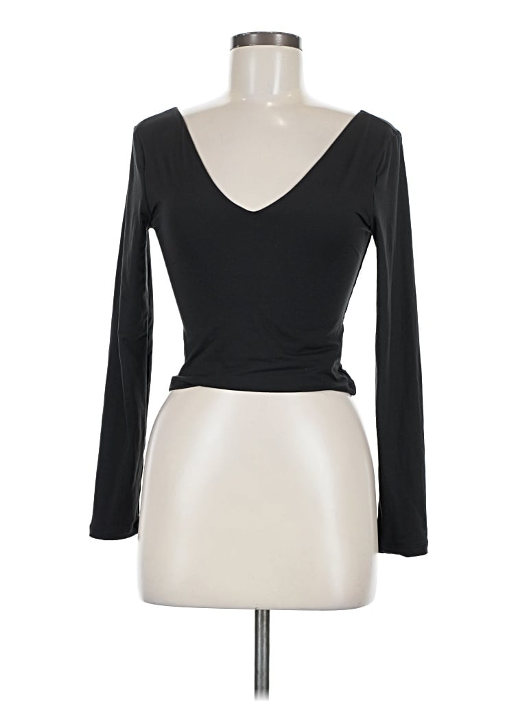 Pre-owned Reoria Long Sleeve Top Black Plunge Neckline Tops