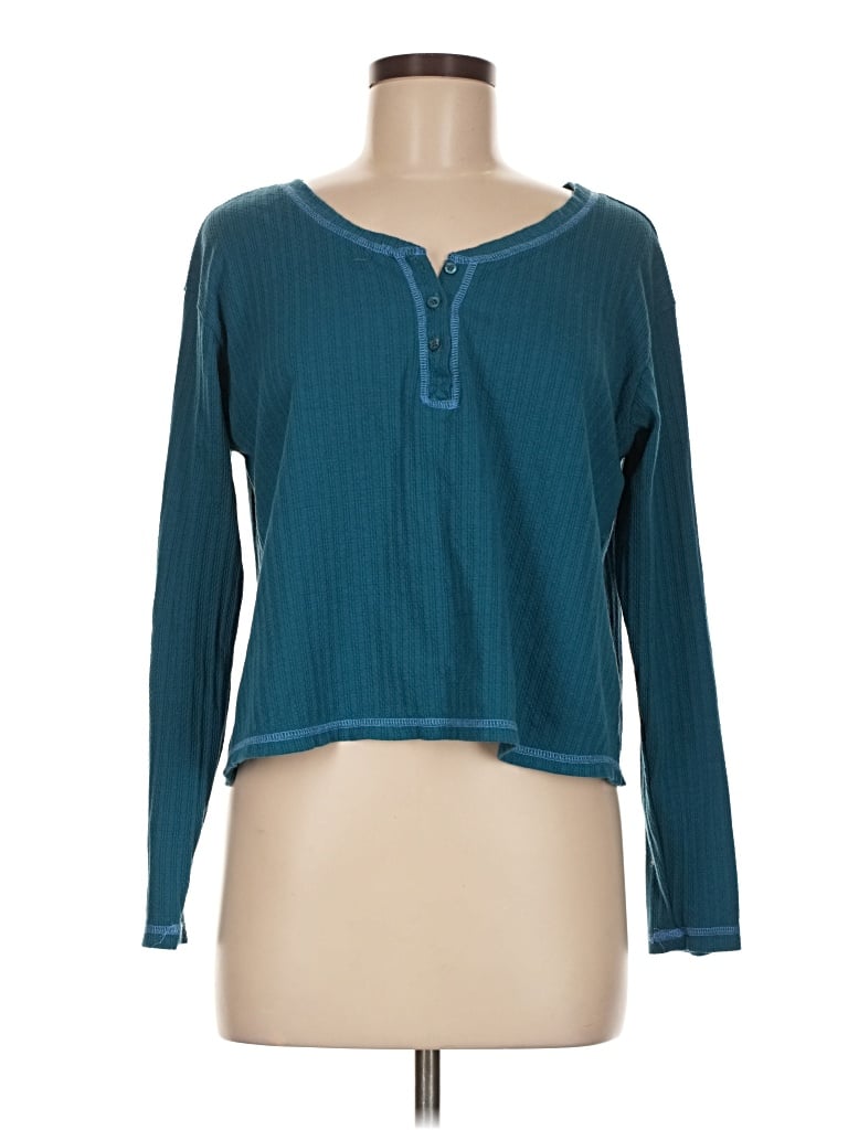Pre-owned Joyspun Long Sleeve Top Teal Keyhole Neckline Tops In Blue