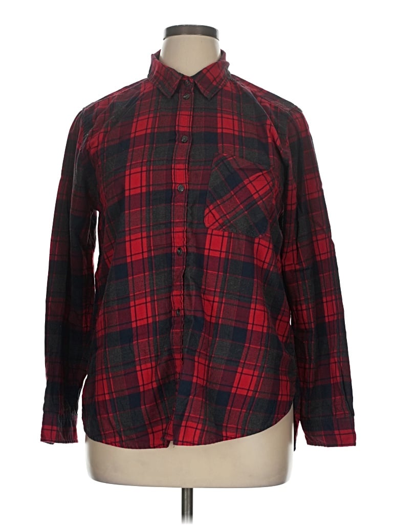 American Eagle Outfitters Long Sleeve Button Down Shirt: Red Plaid Pattern Tops - Size X-Large