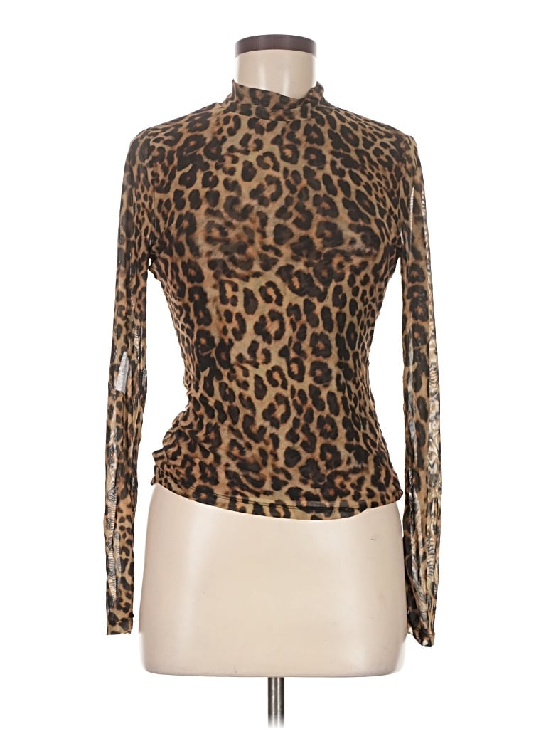 Pre-owned Ronny Kobo Long Sleeve Top Brown Animal Print Pattern Turtleneck Tops