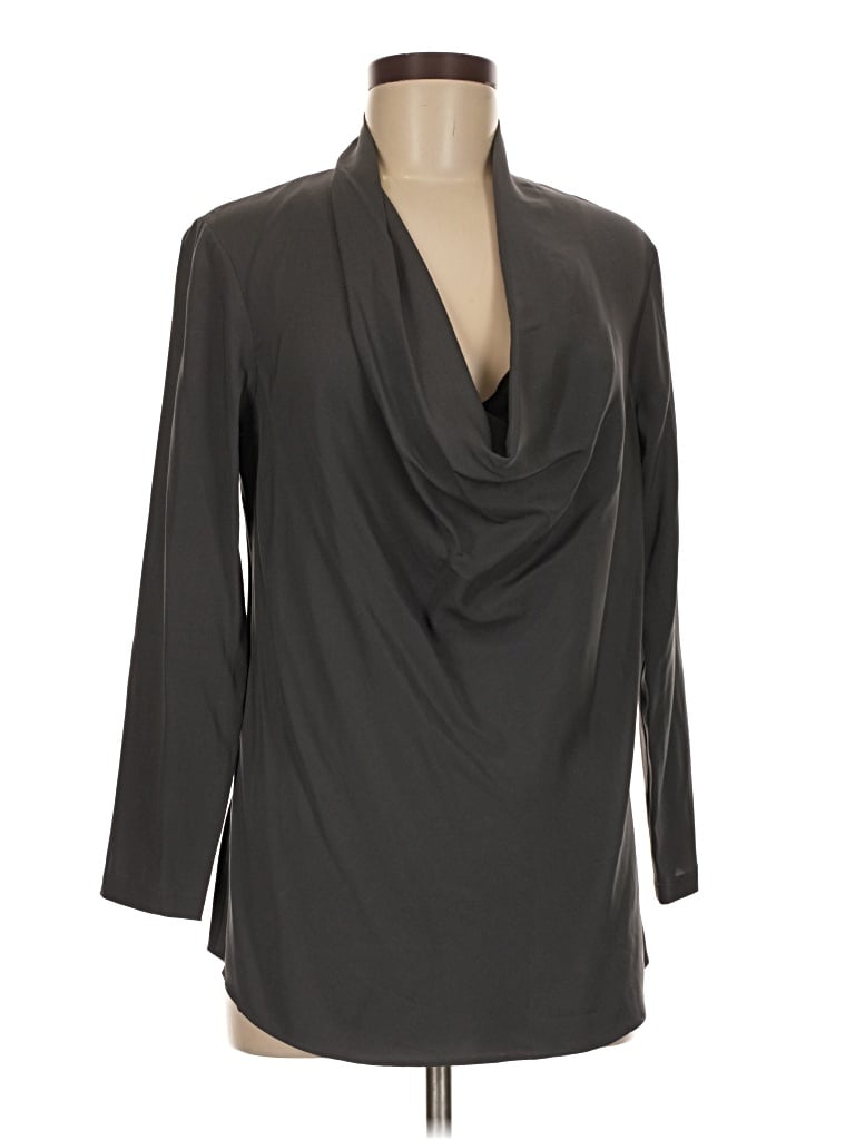Pre-owned Theory Long Sleeve Silk Top Gray Cowl Neck Tops