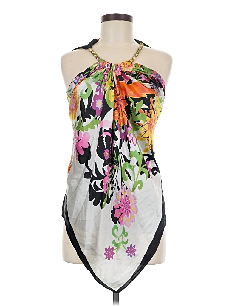 Pre-owned Caché Sleeveless Silk Top Gray Halter Neckline Tops