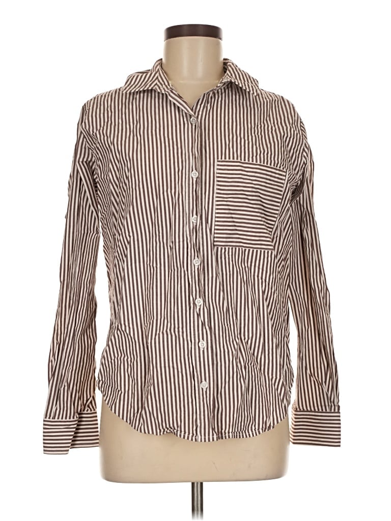 Pre-owned Evereve Long Sleeve Button Down Shirt In Brown