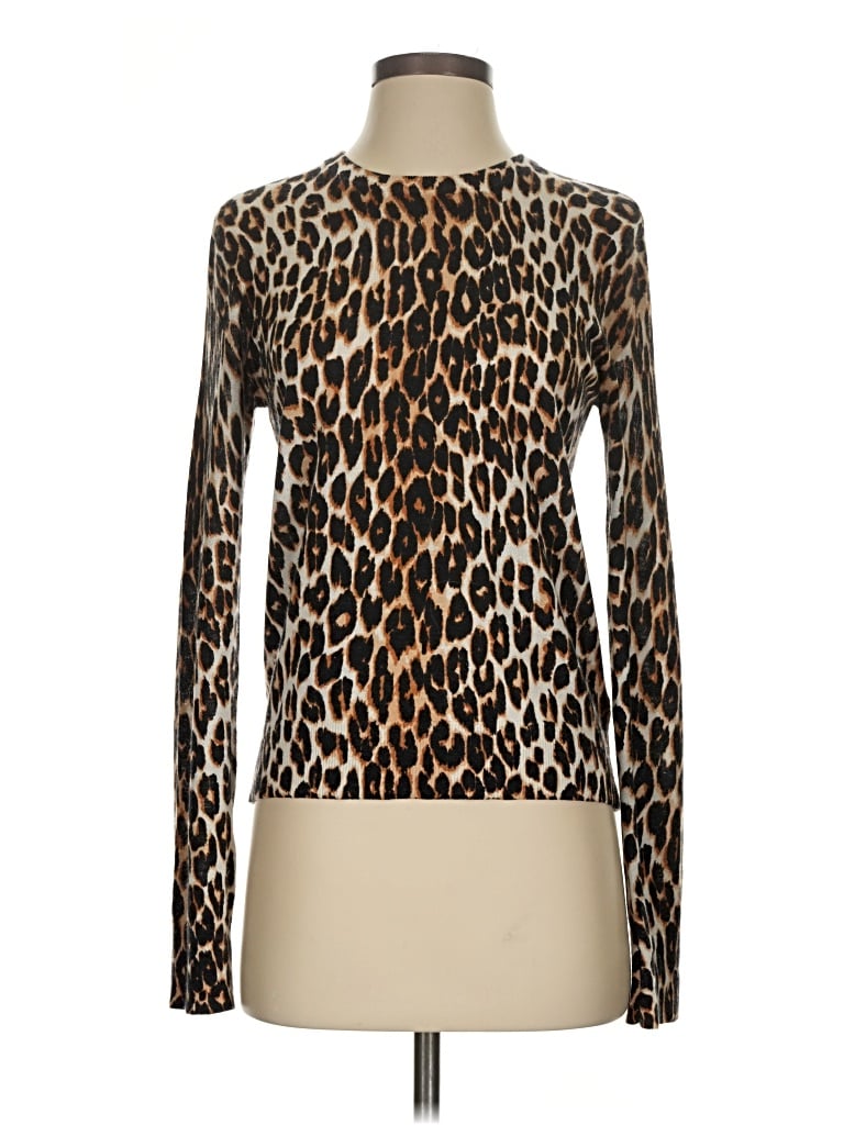 Pre-owned Equipment Long Sleeve Top Brown Animal Print Pattern High Neck Tops