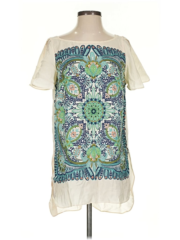Pre-owned Maeve Short Sleeve Silk Top Ivory Paisley Pattern Mock Neckline Tops In White