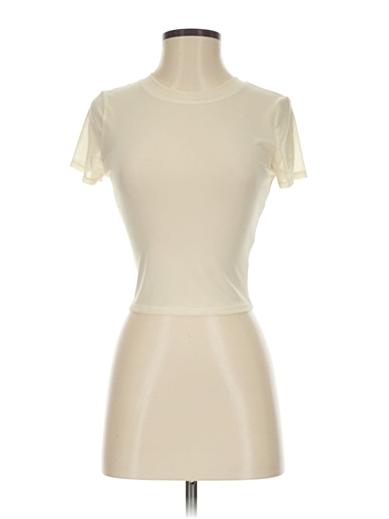 Pre-owned Express Short Sleeve Top Ivory Mock Neckline Tops In White