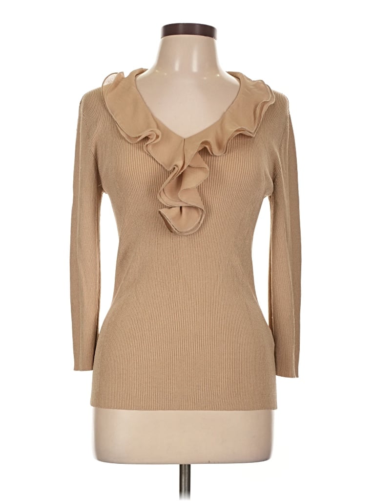 Pre-owned Adrienne Vittadini Long Sleeve Top Tan Ruffles Neckline Tops In Brown