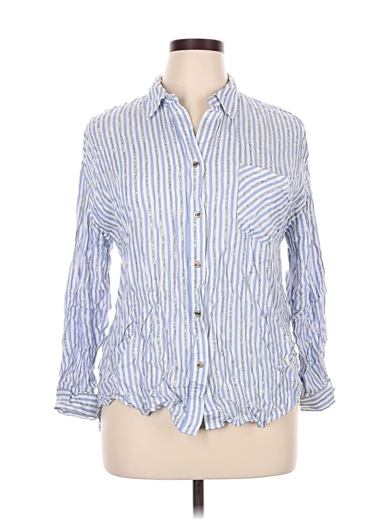 Pre-owned Anne Klein 3/4 Sleeve Button Down Shirt In Blue