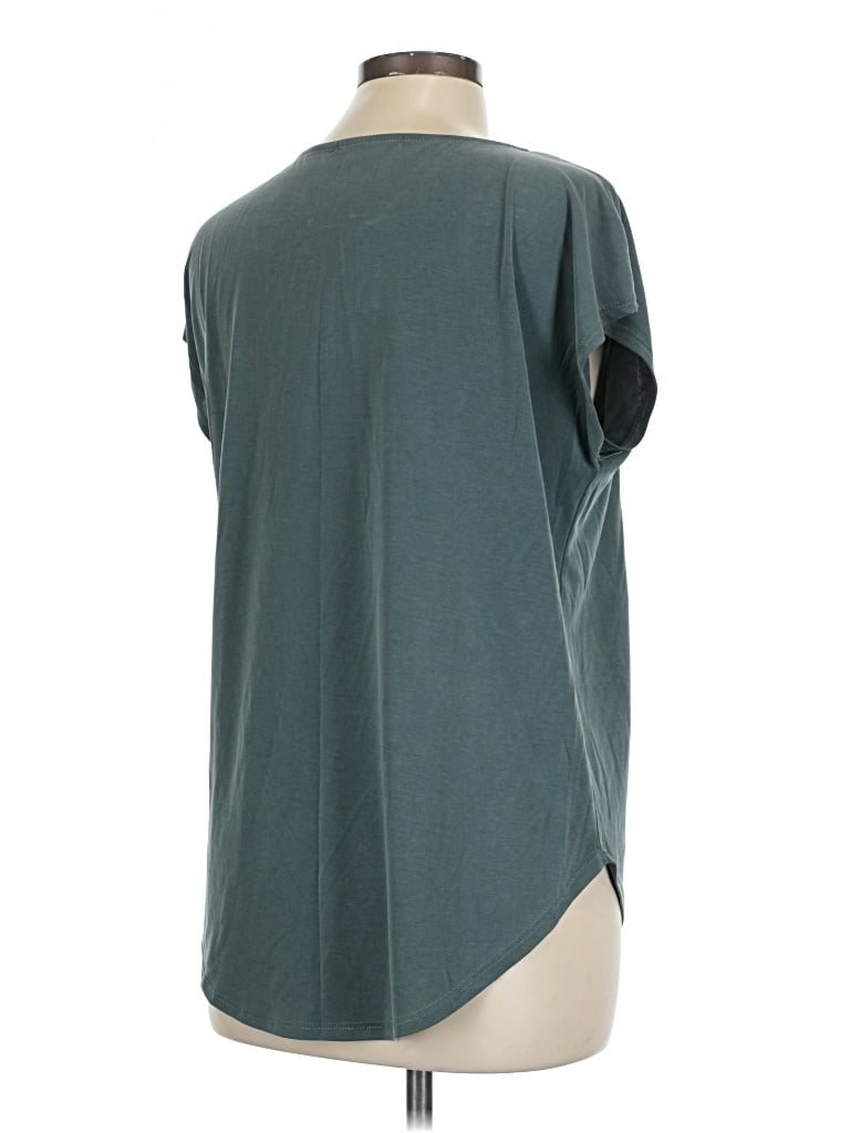 Pre-owned Green Envelope Short Sleeve Top Teal Color Block Pattern Mock Neckline Tops In Blue