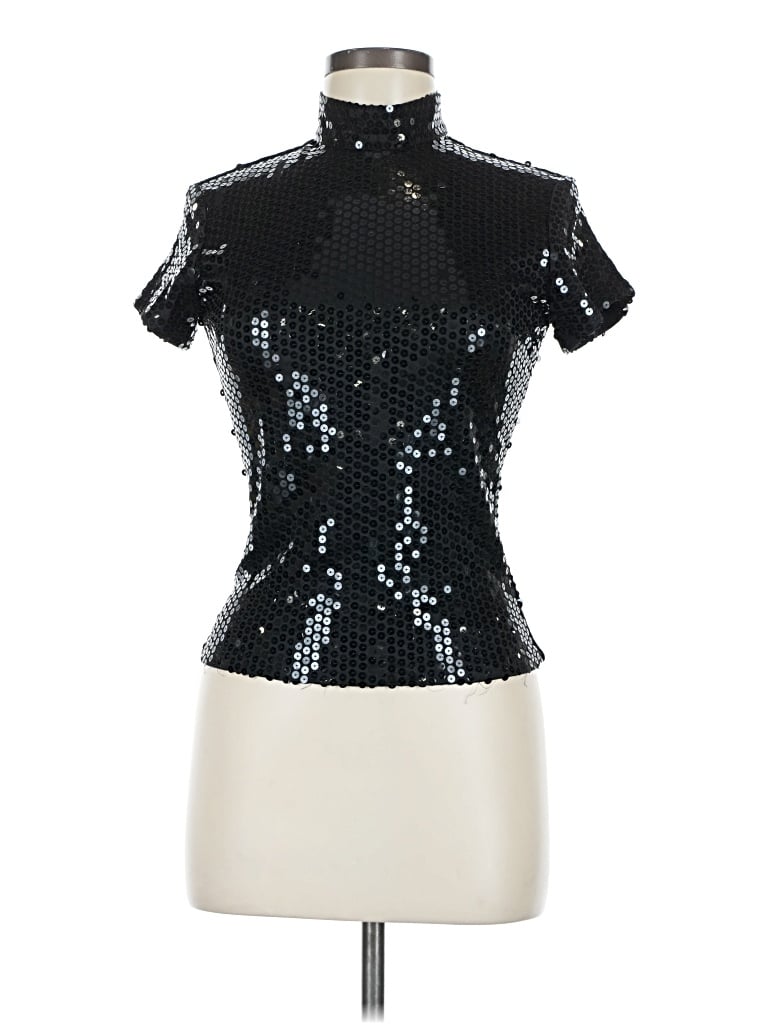 Pre-owned Caché Short Sleeve Top Black Mock Neckline Tops