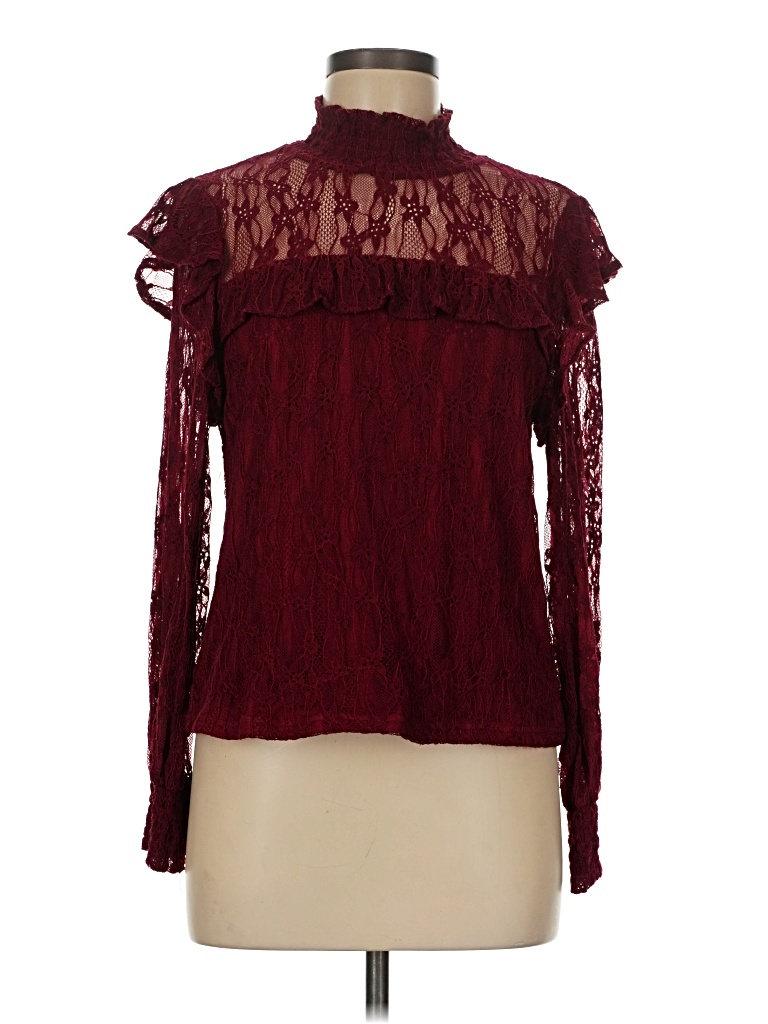 Pre-owned Pink Lily Long Sleeve Blouse In Burgundy