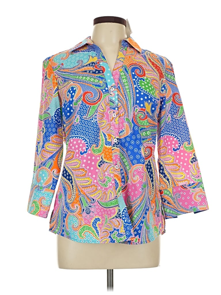 Pre-owned Foxcroft 3/4 Sleeve Button Down Shirt In Blue