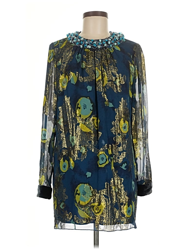 Pre-owned Anna Sui Long Sleeve Silk Top Blue Tie Neck Tops