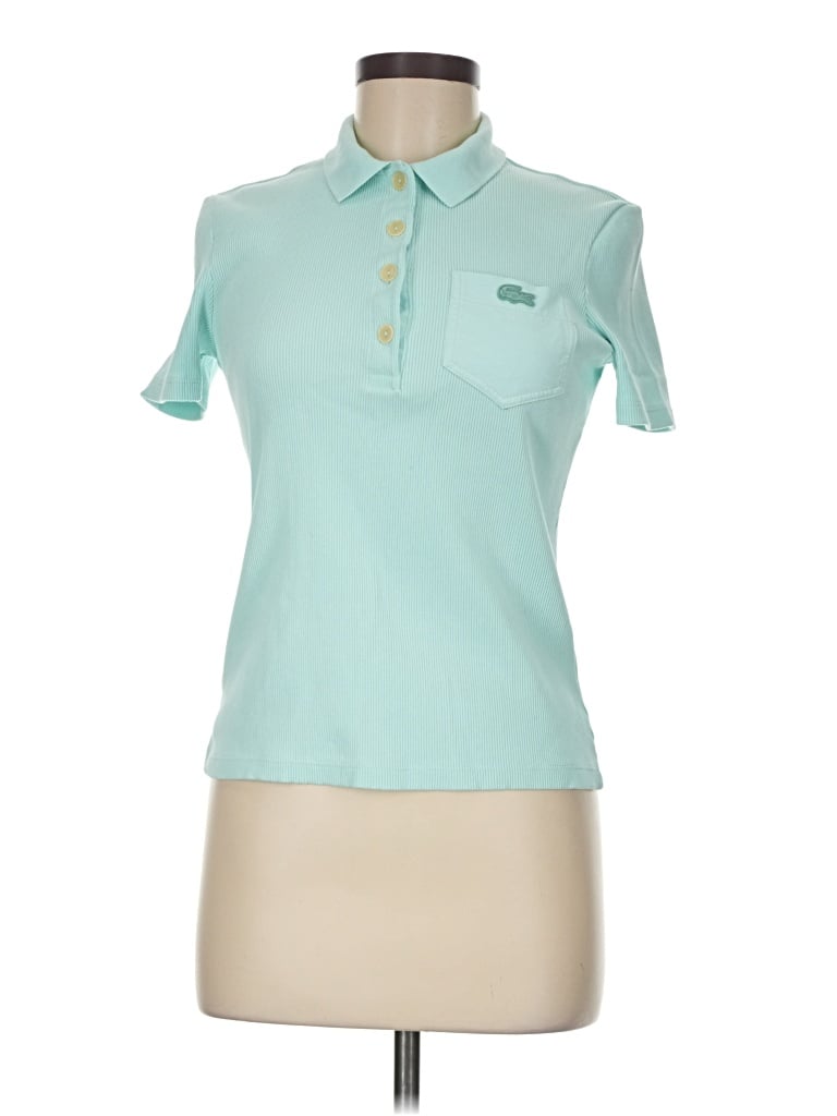 Pre-owned Lacoste Short Sleeve Top Teal Collared Neckline Tops In Blue