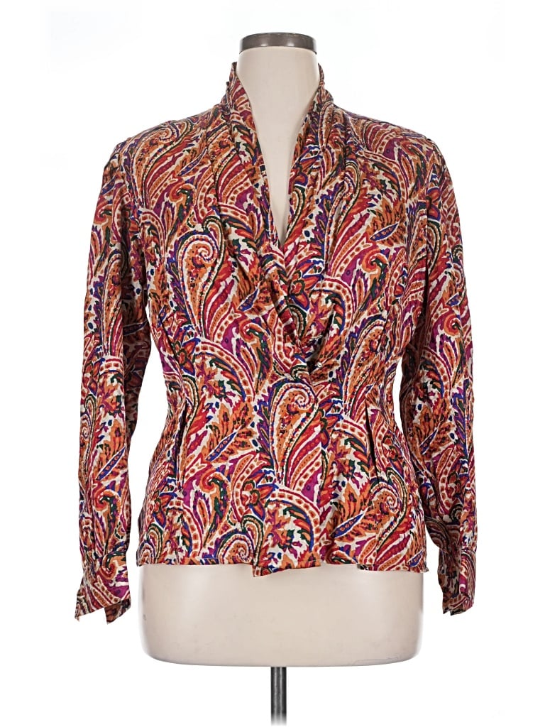 Pre-owned Doncaster Collection Long Sleeve Silk Top Brown Paisley Pattern Plunge Neckline Tops