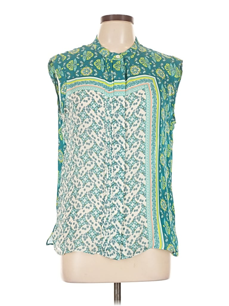 Pre-owned Per Se By Carlisle Sleeveless Silk Top Green High Neck Tops