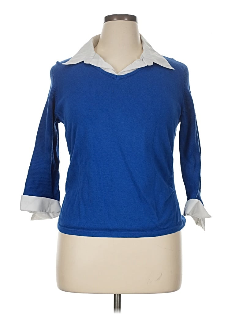 Pre-owned Ny Collection 3/4 Sleeve Top Blue Collared Neckline Tops