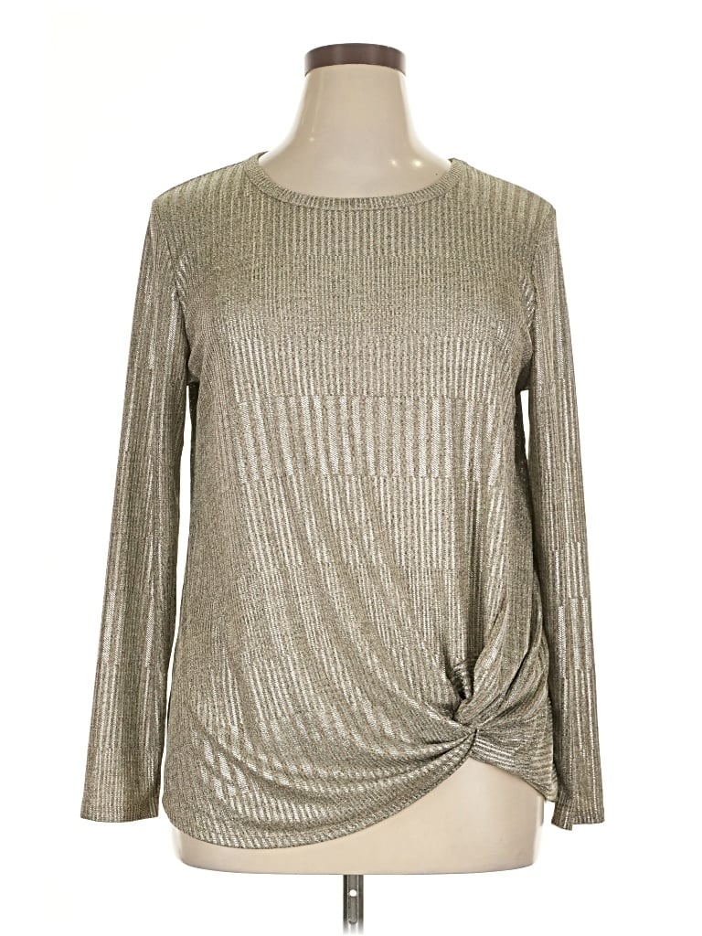 Pre-owned Kim & Cami Long Sleeve Top Silver Metallic Pattern Crew Neck Tops