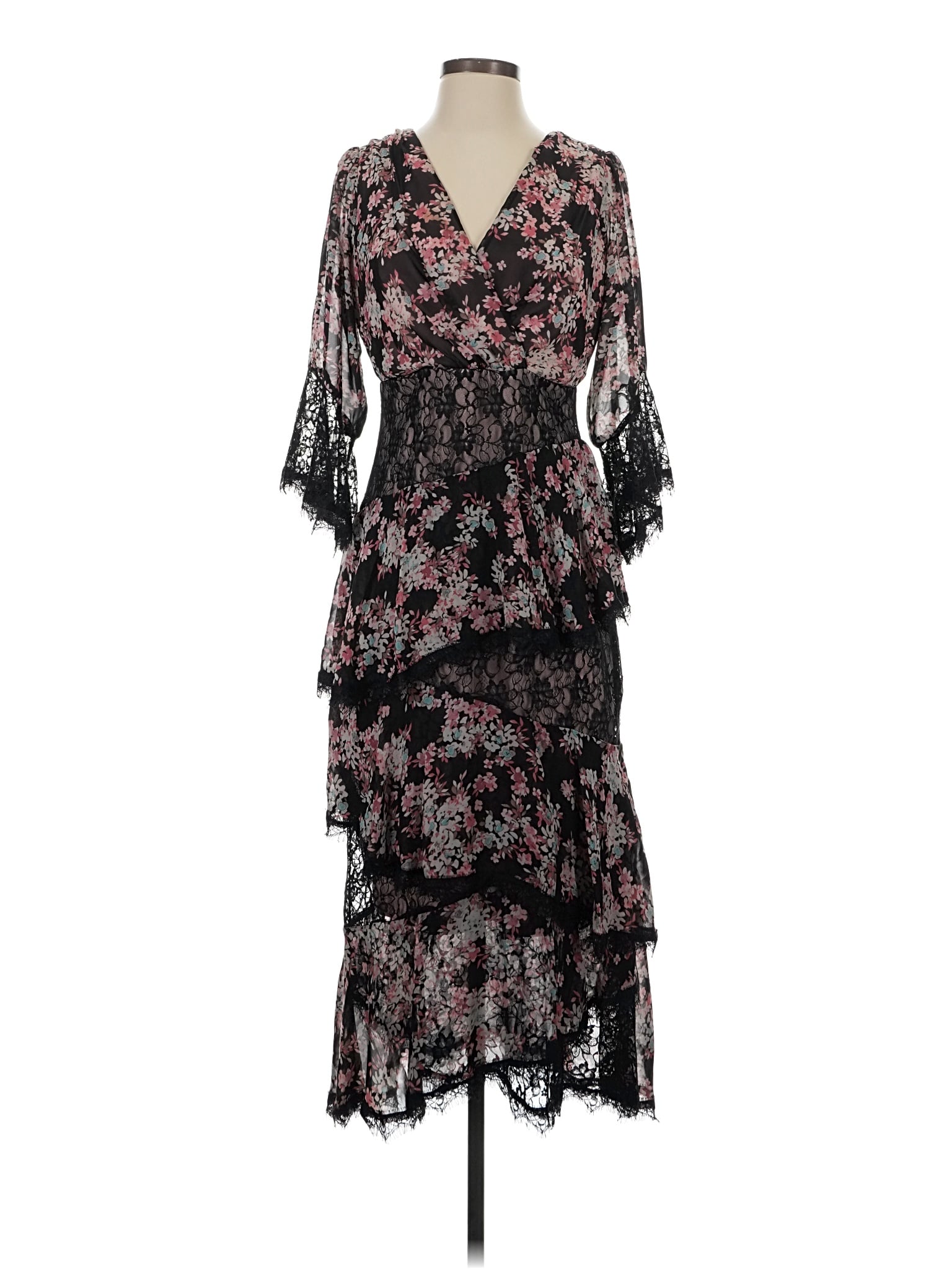 jax dress black lace JAX $158 Womens New 1012 Black Lace Illusion Neckline Midi Sheath Dress 4  B+B