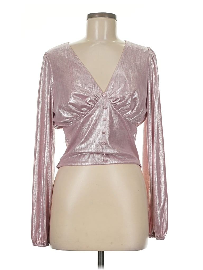 Pre-owned Flat White Long Sleeve Top Silver Metallic Pattern Plunge Neckline Tops