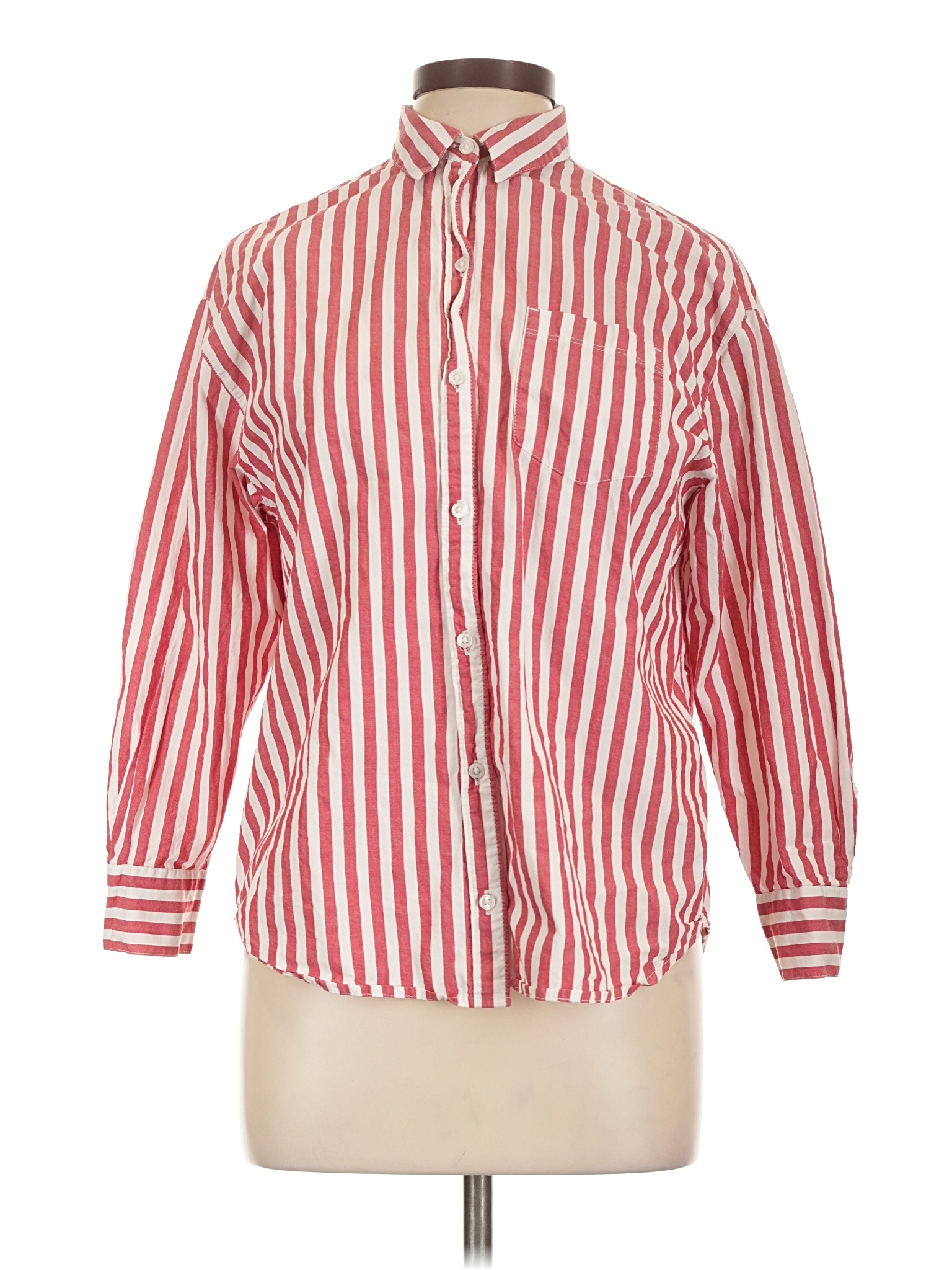 Long sleeve button-down shirt, red striped (flawed gem)