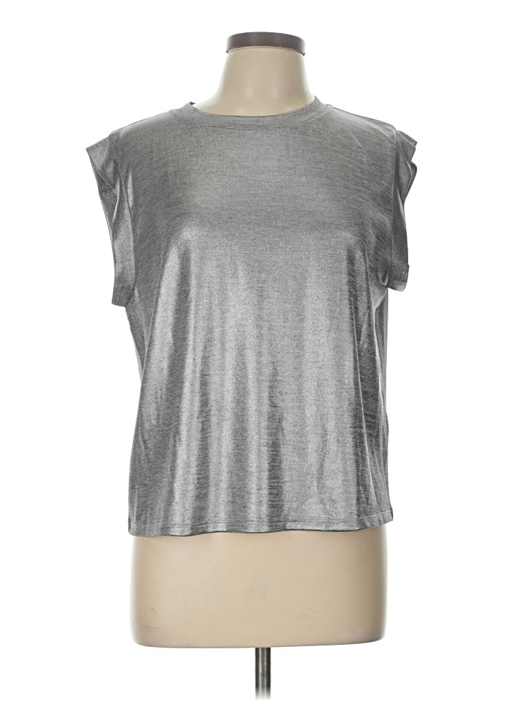Pre-owned Porridge Short Sleeve Top Silver Metallic Pattern Mock Neckline Tops