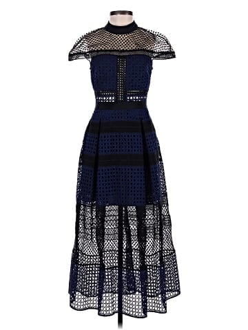 Self-Portrait Navy Blue & Black Guipure Lace Paneled Midi Dress  (view 1)