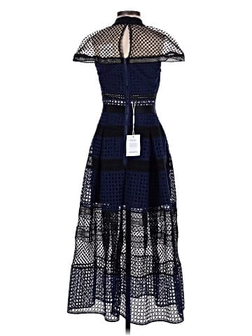 Self-Portrait Navy Blue & Black Guipure Lace Paneled Midi Dress  (view 2)