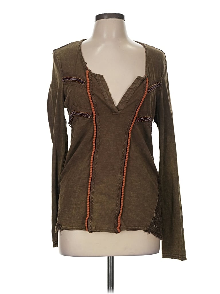 Pre-owned Bke Long Sleeve Top Brown Plunge Neckline Tops
