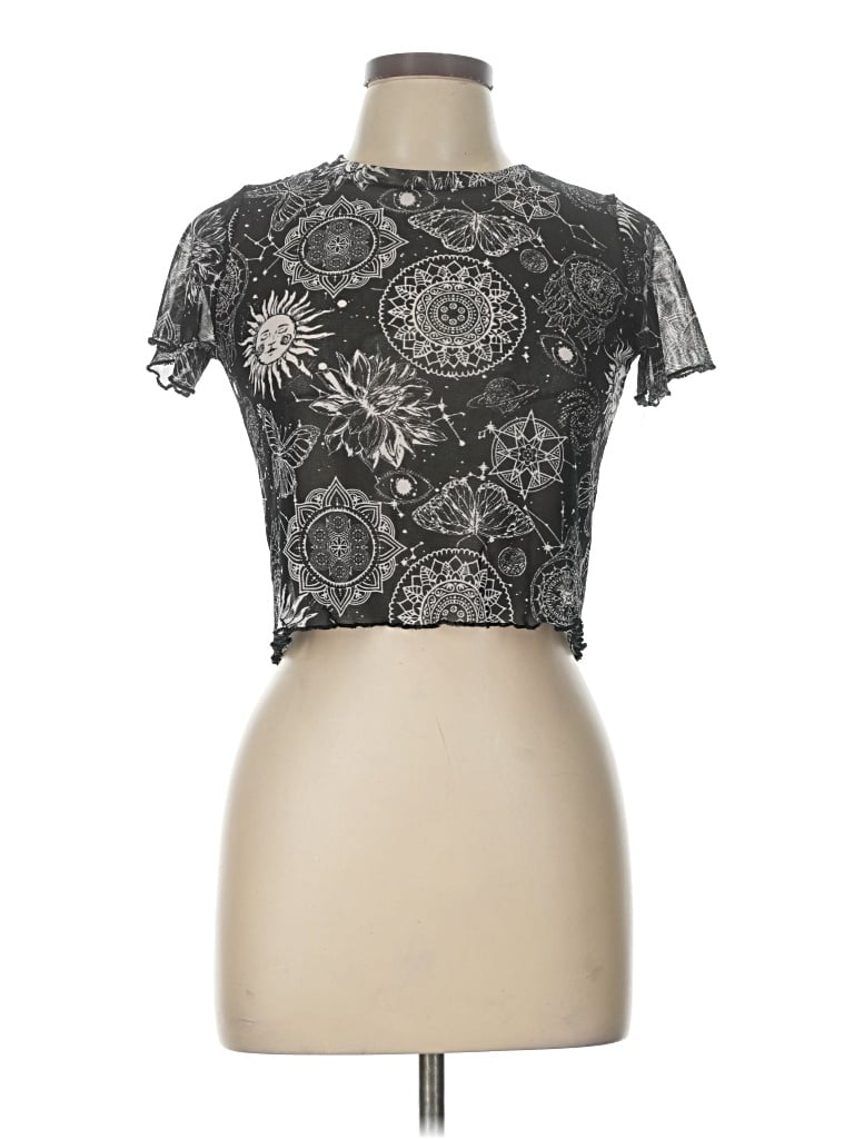 Pre-owned Blue B Short Sleeve Top Silver Mock Neckline Tops