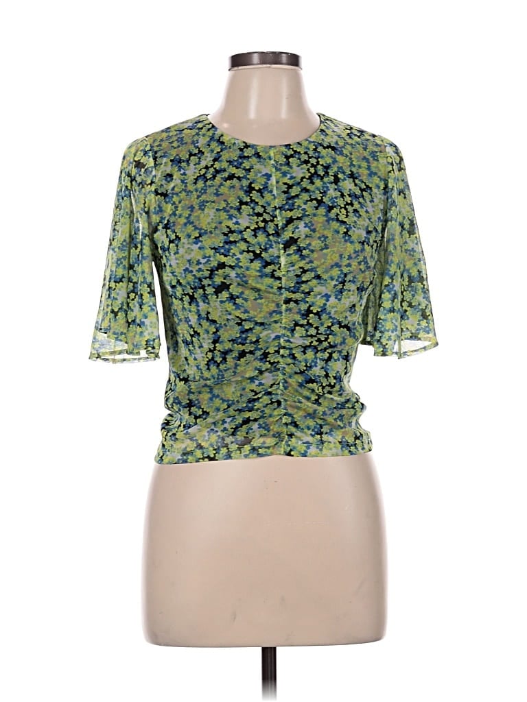 Pre-owned Saunders Collective Short Sleeve Top Green Keyhole Neckline Tops
