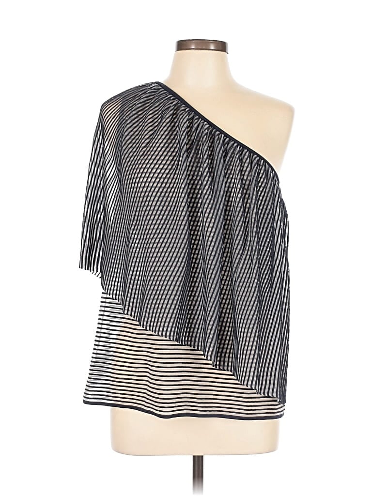 Club Monaco 3/4 Sleeve Top Black Stripes Pattern One Shoulder Neckline Tops - Used - Size Large