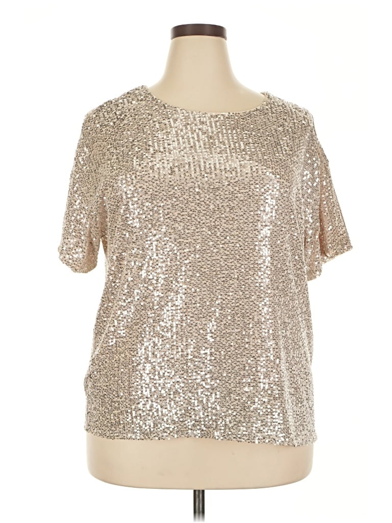Pre-owned Dex Short Sleeve Top Silver Metallic Pattern Scoop Neck Tops