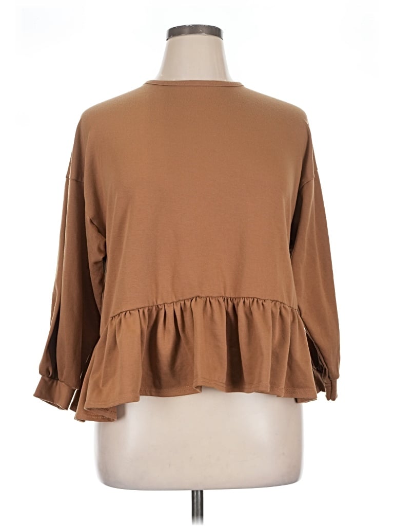 Pre-owned Boohoo 3/4 Sleeve Top Brown Mock Neckline Tops
