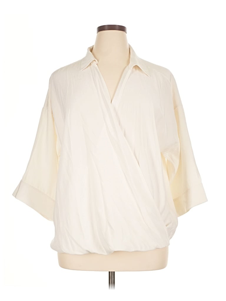 Pre-owned Lafayette 148 3/4 Sleeve Silk Top Ivory Plunge Neckline Tops In White