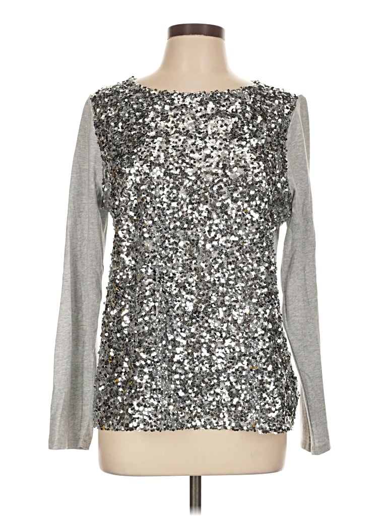 Pre-owned Talbots Outlet Long Sleeve Top Silver Metallic Pattern Mock Neckline Tops
