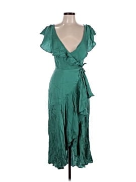 green emerald velvet dress Zip-Front Ruffle-Hem Midi Dress by Anthropologie in Blue, Size: Large
