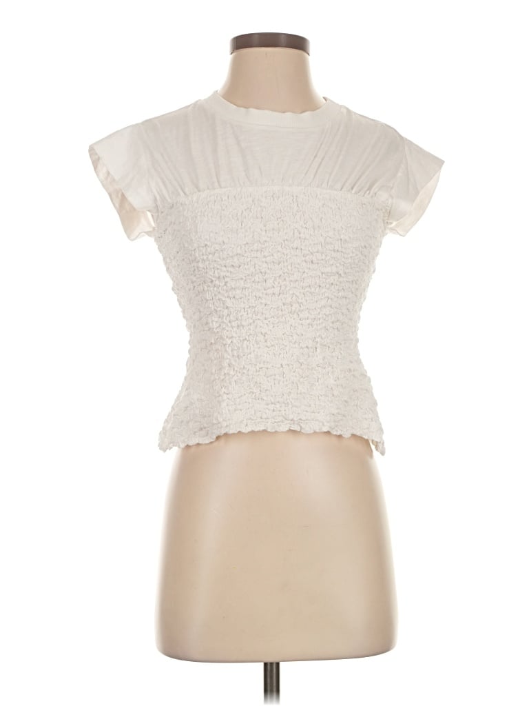Pre-owned Maeve Short Sleeve Top Ivory Ruffles Neckline Tops In White
