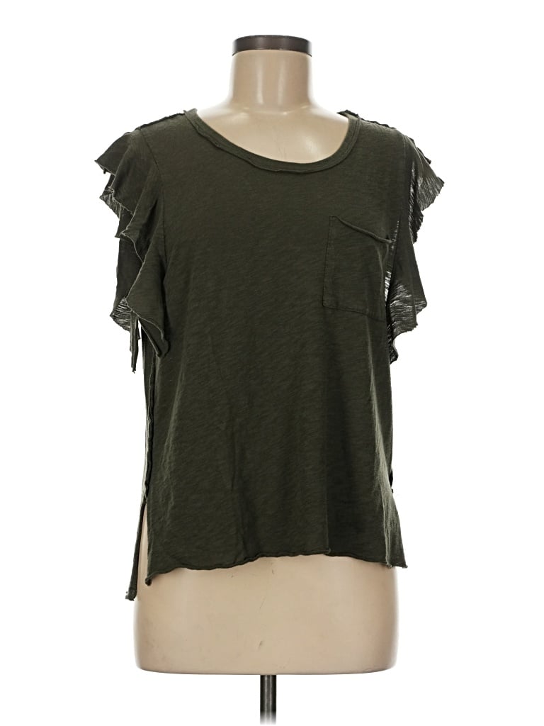 Pre-owned We The Free Short Sleeve Top Green Solid Pattern Ruffles Neckline Tops