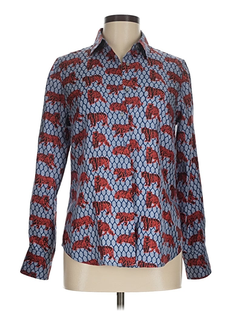 Pre-owned J.crew Collection Long Sleeve Silk Top Blue Print Pattern Collared Neckline Tops