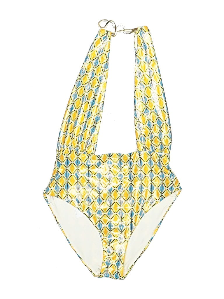 WeWoreWhat One Piece Swimsuit: Yellow Tweed Pattern Swimwear - Size Small