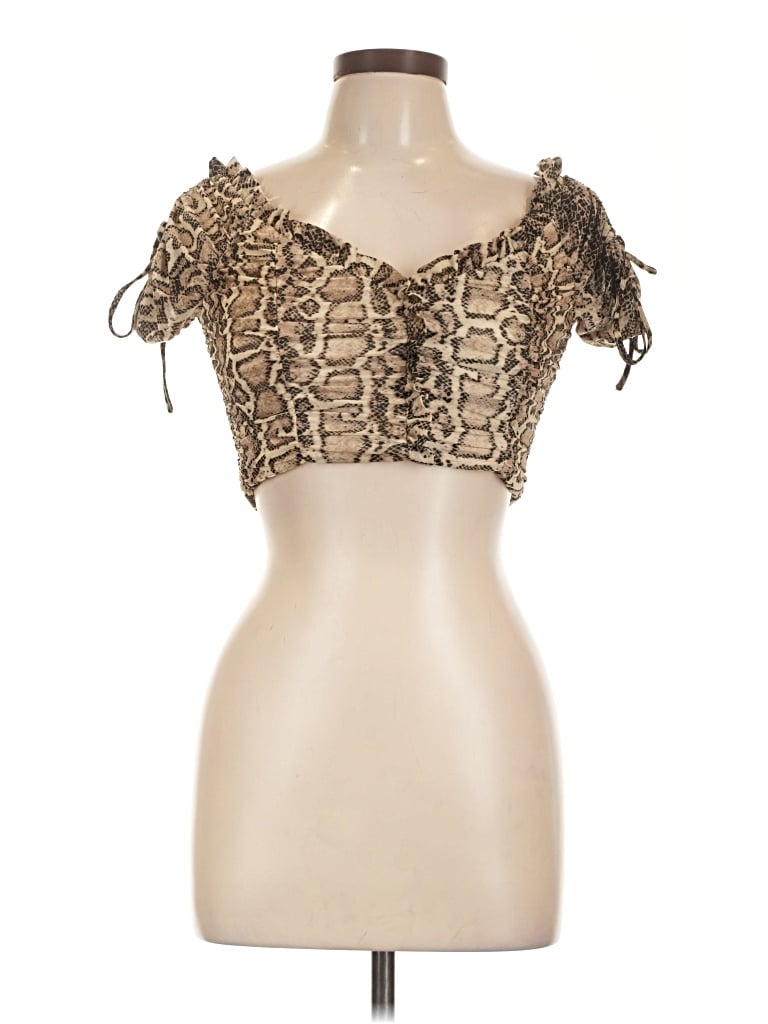 Pre-owned Privy Short Sleeve Top Tan Sweetheart Neckline Tops