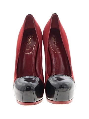 Yves Saint Laurent Red/Black Suede and Leather Tribtoo Platform Pumps (view 2)