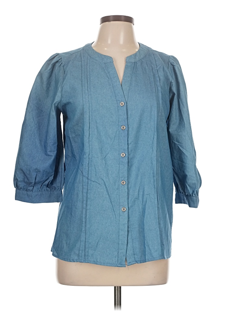 Pre-owned Ny Collection 3/4 Sleeve Button Down Shirt In Blue