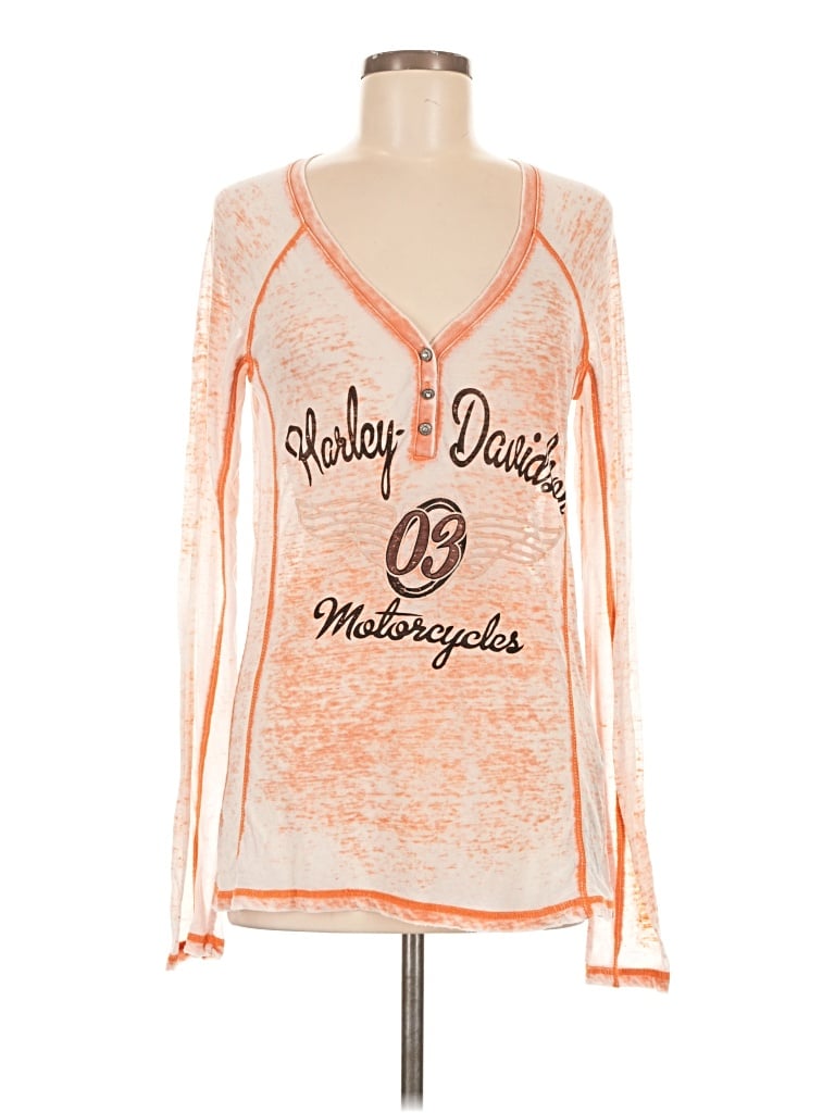 Pre-owned Harley Davidson Long Sleeve Top Orange Plunge Neckline Tops