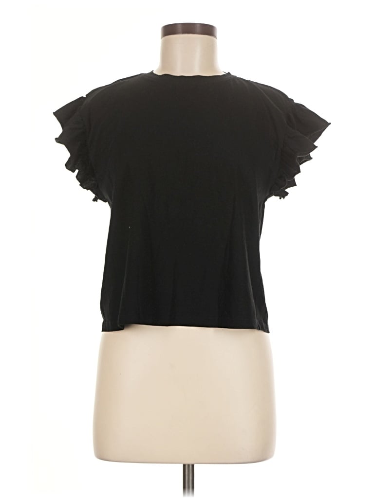 Pre-owned Zara Short Sleeve Top Black Ruffles Neckline Tops