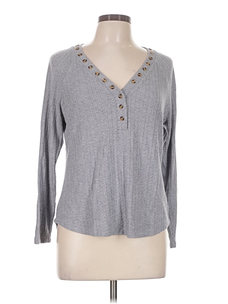 Pre-owned Design History Long Sleeve Top Gray Plunge Neckline Tops