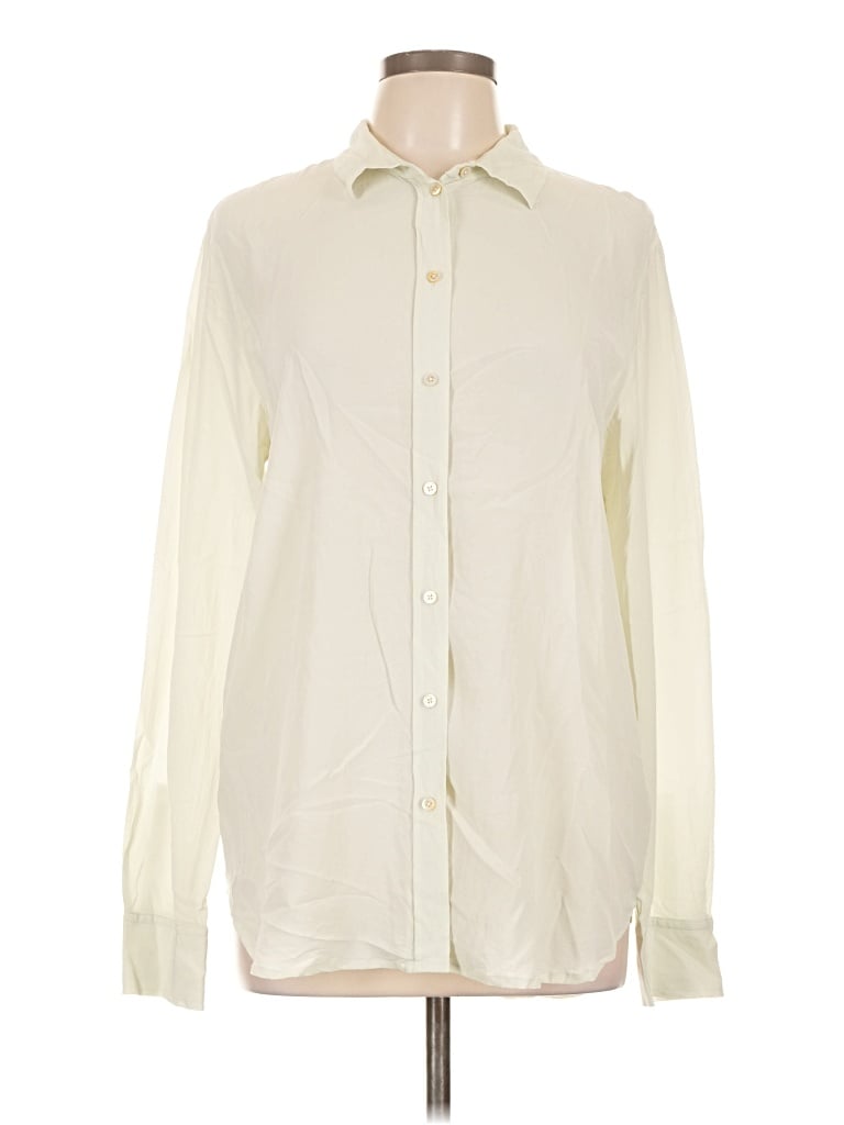 Pre-owned Everlane Long Sleeve Silk Top Green Collared Neckline Tops