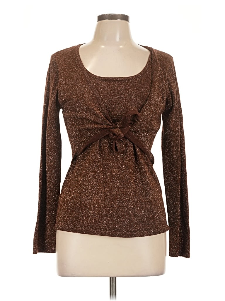 Pre-owned Ny Collection Long Sleeve Top Brown Sweetheart Neckline Tops