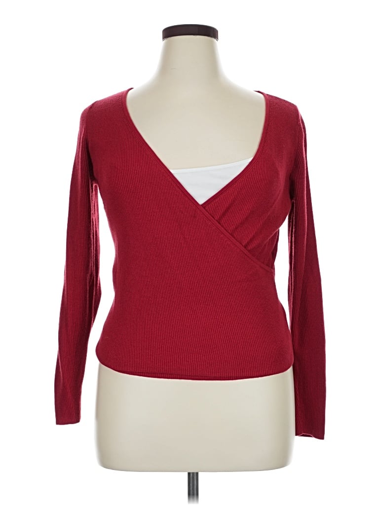 Pre-owned Leith Long Sleeve Top Burgundy Plunge Neckline Tops